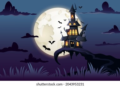 Halloween landscape with spooky haunted castle and full moon background with bats. Vector cartoon illustration. 