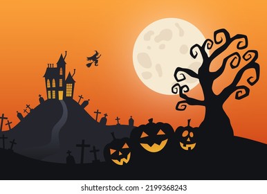 Halloween landscape with spooky pumpkins, dead tree, cemetery, haunted house and witch on a broomstick in moonlight on orange background. Vector illustration