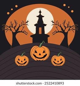 Halloween landscape, trees, tower and pumpkins 