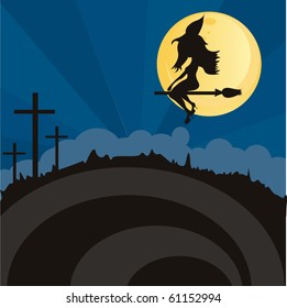halloween landscape with witch