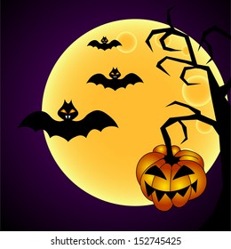 Halloween  lanscape moon in the sky and  tree silhouette with pumpkin