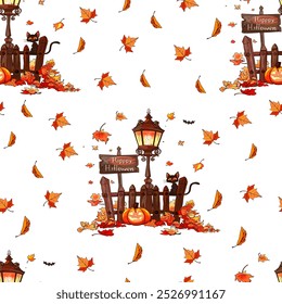 Halloween Lantern and Autumn Leaves Seamless Pattern. Festive Halloween Scene with Pumpkins and Falling Leaves. Seamless pattern featuring Halloween lanterns, pumpkins, and black cats