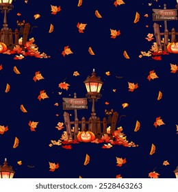 Halloween Lantern and Autumn Leaves Seamless Pattern. Festive Halloween Scene with Pumpkins and Falling Leaves. Seamless pattern featuring Halloween lanterns, pumpkins, and black cats