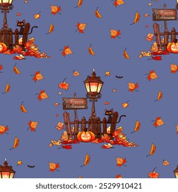 Halloween Lantern and Autumn Leaves Seamless Pattern. Festive Halloween Scene with Pumpkins and Falling Leaves. Seamless pattern featuring Halloween lanterns, pumpkins, and black cats