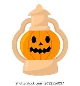 Halloween lantern with carved pumpkin face in flat cartoon style