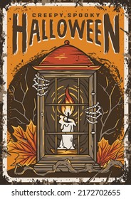 Halloween lantern with fire candle and skeleton hand. Night flame for happy halloween party