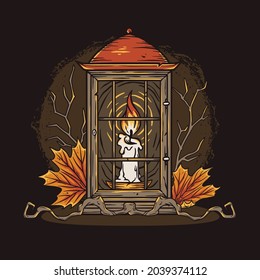 Halloween lantern with fire wax candle. Night flame for happy halloween. Light for design dark halloween party