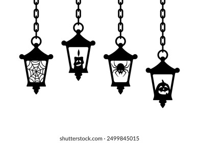 Halloween lanterns hanging on chains. Black silhouette. Front side view. Vector simple flat graphic illustration. Isolated object on white background. Isolate.