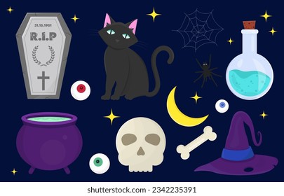  Halloween is a large collection of scary and magical items. Squirrel, Black cat, witch chats, bones and other magical attributes. Happy Halloween. Vector flat illustration