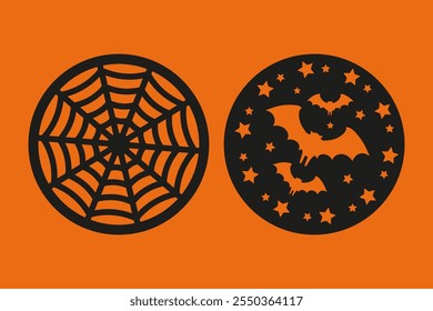 Halloween laser cut circle coaster templates with spiderweb and bats with stars ornaments. Cnc cutting with metal, wood, paper, glass, leather, engraving. Round decorative panel design