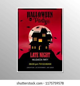 Halloween Late Night Party Poster And Scary House Vector Illustration