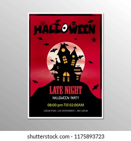 Halloween Late Night Party Poster And Scary House Vector Illustration