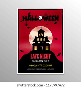 Halloween Late Night Party Poster And Scary House Vector Illustration