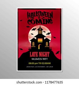 Halloween Late Night Party Poster And Scary House Vector Illustration