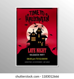 Halloween Late Night Party Poster And Scary House Vector Illustration