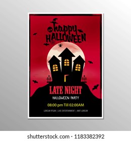 Halloween Late Night Party Poster And Scary House Vector Illustration