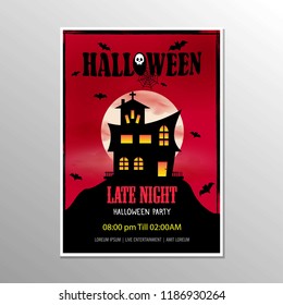 Halloween Late Night Party Poster And Scary House Vector Illustration