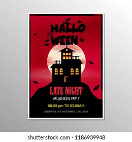 Halloween Late Night Party Poster And Scary House Vector Illustration