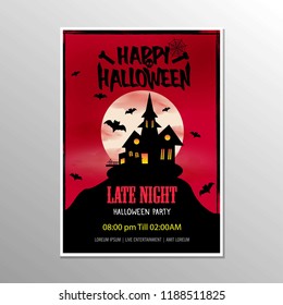 Halloween Late Night Party Poster And Scary House Vector Illustration