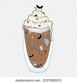 Halloween latte cup with bats, pumpkins, ghosts, mummy, skull and bones, with transparent background, vector illustration. Good for textile prints, ad posts, banners, stickers, decorations