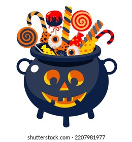 Halloween laughing cauldron with multicolored candy. Illustrated vector element.