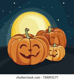 Halloween laughing pumpkins under the moonlight. Vector illustration. Halloween poster. Background.