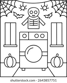 Cena da sala de lavandaria de Halloween com decorações assustadoras e abóboras festivas Criando um ambiente caprichoso e levemente misterioso para o projeto de celebração e decoração da temporada de férias