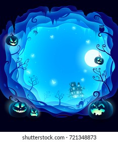 Halloween layered border for design. Halloween background with 3D paper cut border. Blue background.