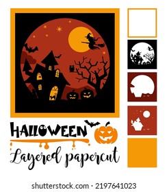 Halloween layered papercut card with a moon, haunted house, pumpkins and a flying witch