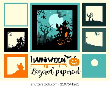Halloween layered papercut card with a moon, haunted house, cemetery, pumpkins and a flying witch