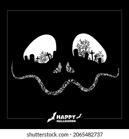 Diseño o cubierta de Halloween. Esqueleto estilizado con un cementerio en los ojos