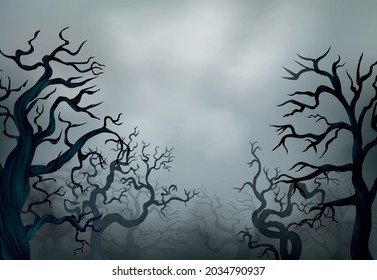 Siluetas de árboles sin hojas de Halloween con ramas secas espeluznantes en el fondo con cielo gris ilustración vectorial realista