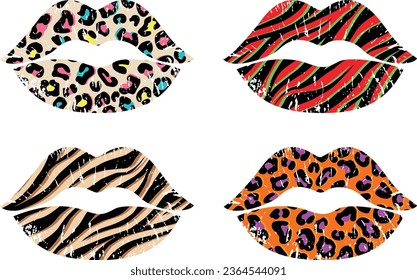 Halloween Leopard spots lips vector seamless pattern, Christmas Leopard Lips. Melting lipstick. Isolated stock vector illustration set. Trendy sticker for T shirt.