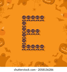 Halloween letter E from skulls and crossbones for design. Festive font for holiday and party on orange background with pumpkins, spiders, bats and ghosts