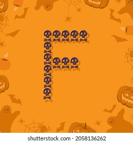 Halloween letter F from skulls and crossbones for design. Festive font for holiday and party on orange background with pumpkins, spiders, bats and ghosts