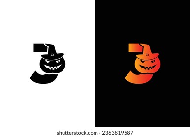 Halloween letter J logo Design. Halloween letter J logo or icon template design. Halloween pumpkin in a witch hat on white background