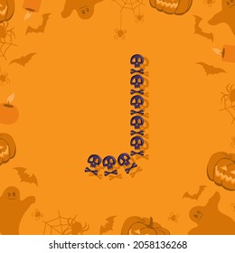 Halloween letter J from skulls and crossbones for design. Festive font for holiday and party on orange background with pumpkins, spiders, bats and ghosts