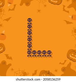 Halloween letter L from skulls and crossbones for design. Festive font for holiday and party on orange background with pumpkins, spiders, bats and ghosts
