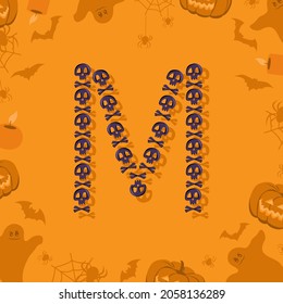 Halloween letter M from skulls and crossbones for design. Festive font for holiday and party on orange background with pumpkins, spiders, bats and ghosts