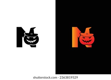 Halloween letter N logo Design. Halloween letter N logo or icon template design. Halloween pumpkin in a witch hat on white background