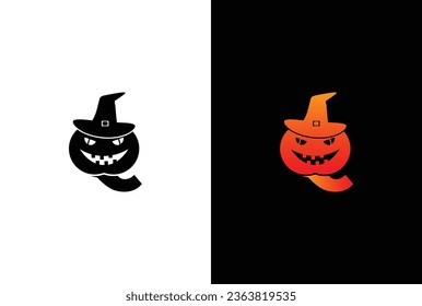 Halloween letter Q logo Design. Halloween letter Q logo or icon template design. Halloween pumpkin in a witch hat on white background