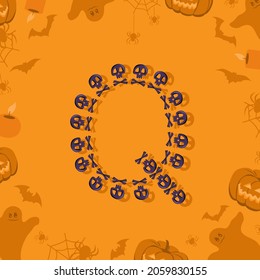 Halloween letter Q from skulls and crossbones for design. Festive font for holiday and party on orange background with pumpkins, spiders, bats and ghosts