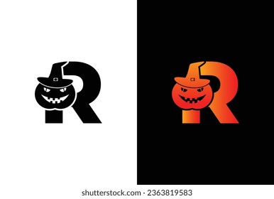 Halloween letter R logo Design. Halloween letter R logo or icon template design. Halloween pumpkin in a witch hat on white background