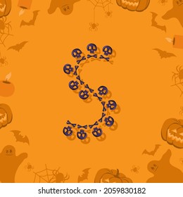 Halloween letter S from skulls and crossbones for design. Festive font for holiday and party on orange background with pumpkins, spiders, bats and ghosts