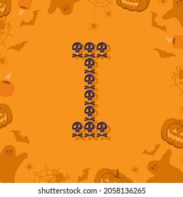 Halloween letter I from skulls and crossbones for design. Festive font for holiday and party on orange background with pumpkins, spiders, bats and ghosts