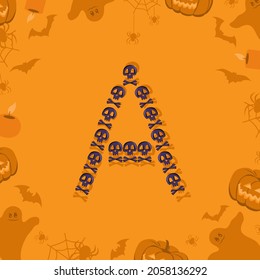 Halloween letter A from skulls and crossbones for design. Festive font for holiday and party on orange background with pumpkins, spiders, bats and ghosts