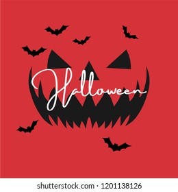Halloween Letter Spooky Face with Bat Silhouette in Red Background