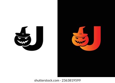 Halloween letter U logo Design. Halloween letter U logo or icon template design. Halloween pumpkin in a witch hat on white background