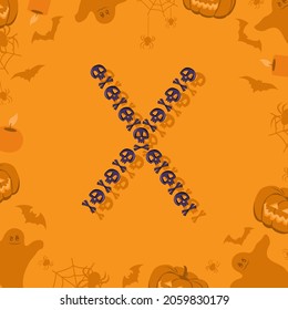 Halloween letter X from skulls and crossbones for design. Festive font for holiday and party on orange background with pumpkins, spiders, bats and ghosts