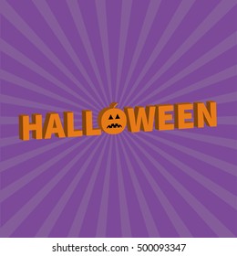 Halloween Lettering 3D text banner with sad orange pumpkin silhouette. Greeting card. Flat design. Violet baby starburst sunburst background. Vector illustration